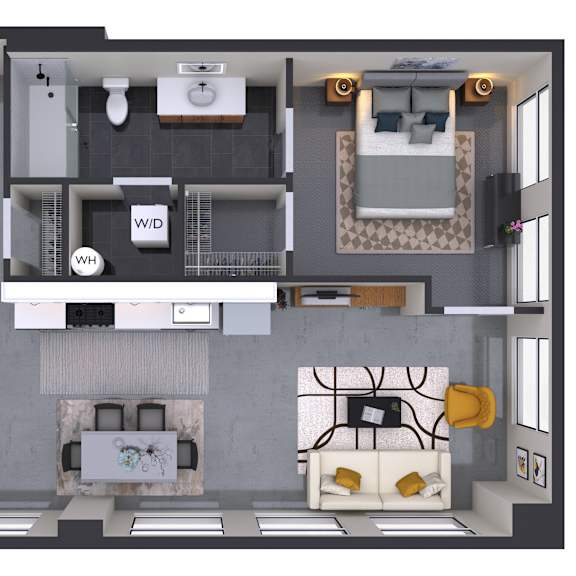 Thumbnail 1 of 2 A 3D floor plan of a small apartment with a living room, kitchen, and bathroom.