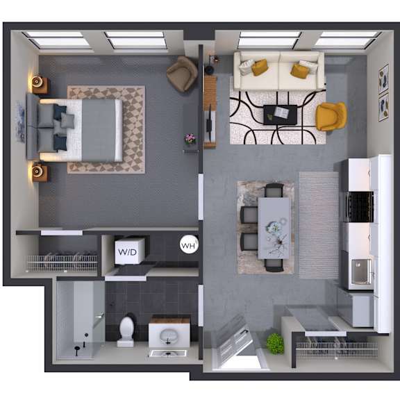 Thumbnail 1 of 2 A 3D rendered image of a small apartment layout.