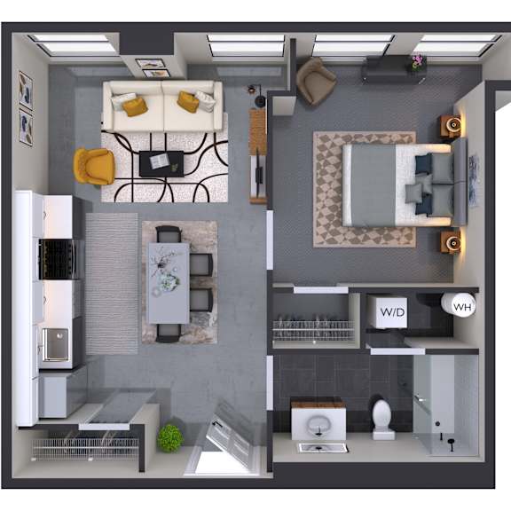 Thumbnail 1 of 2 A 3D rendered image of a modern kitchen and living room.