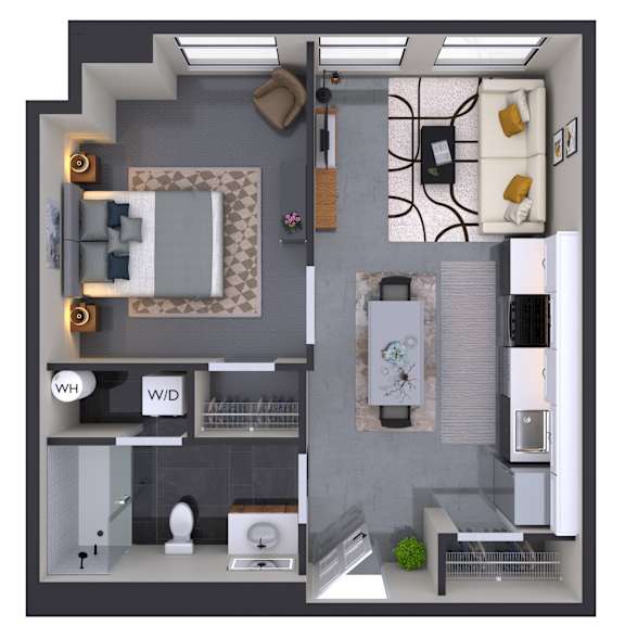 Thumbnail 1 of 2 A 3D rendered image of a modern apartment layout.