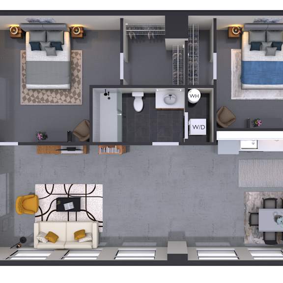 Thumbnail 1 of 2 A top-down view of a small apartment with a kitchen, living room, and bathroom.