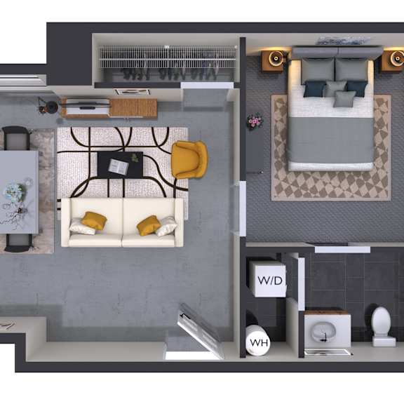 Thumbnail 1 of 2 A floor plan of a small apartment with a kitchen, living room, and bathroom.