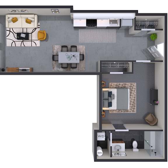 Thumbnail 1 of 2 A top-down view of a living room with a couch, coffee table, and kitchen area.