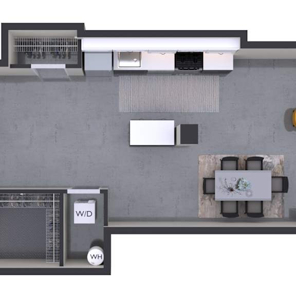 Thumbnail 1 of 2 A floor plan of a house with a kitchen, living room, and two bedrooms.