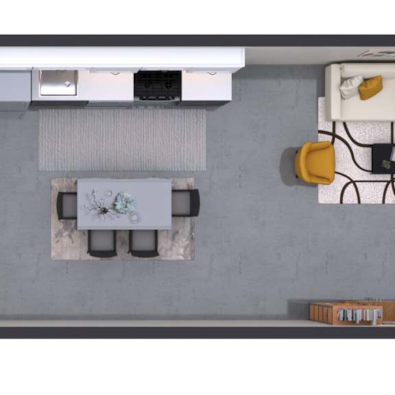 Thumbnail 1 of 2 A floor plan of a house with a kitchen, living room, and two bedrooms.