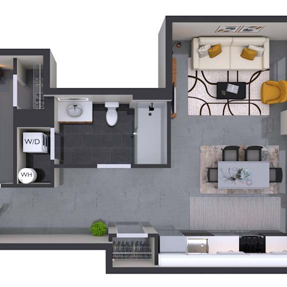 Thumbnail 1 of 2 A floor plan of a small apartment with a kitchen, living room, and bathroom.