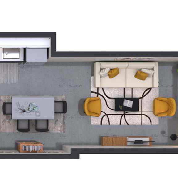 Thumbnail 1 of 2 A floor plan of a house with a living room, kitchen, and two bedrooms.