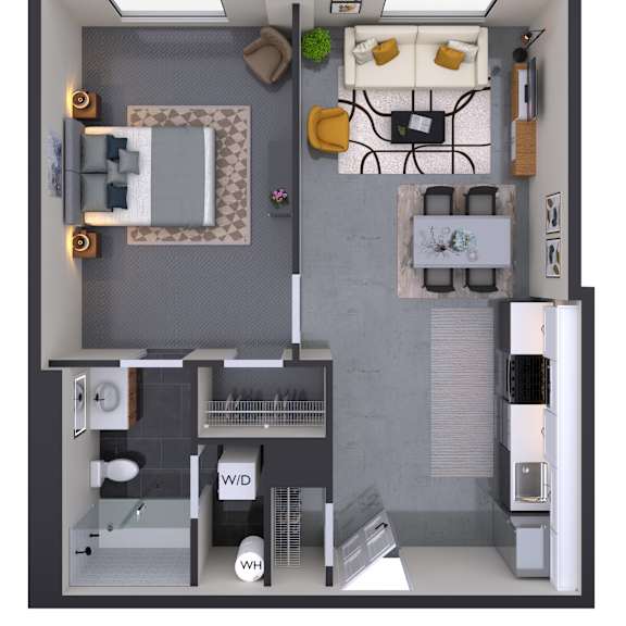 Thumbnail 1 of 2 A 3D floor plan of a small apartment with a bedroom, living room, and kitchen.