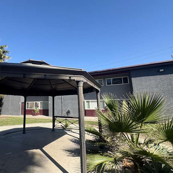 a gazebo is surrounded by palm trees and a building.