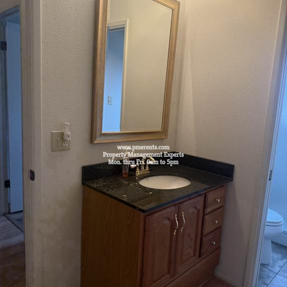 a bathroom with a sink, mirror, and wooden cabinets.