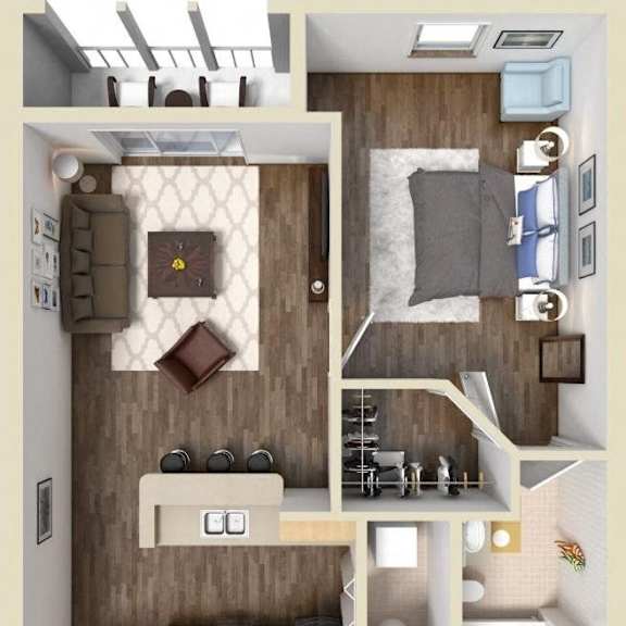 Thumbnail 1 of 2 A top-down view of a small apartment with a kitchen, living room, and bathroom.