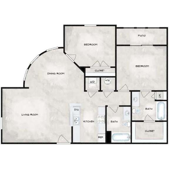 Thumbnail 2 of 2 A floor plan of a house with a living room, dining room, kitchen, two bedrooms, two bathrooms, and a patio.