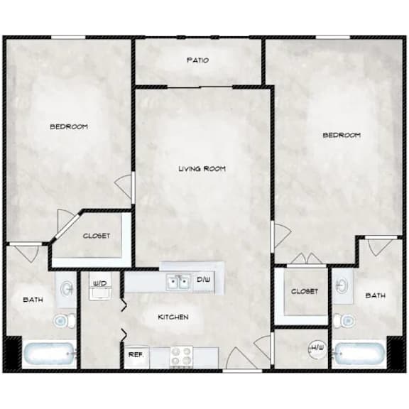 Thumbnail 2 of 2 A floor plan of a house with two bedrooms, a living room, a kitchen, a bathroom, a closet, and a patio.