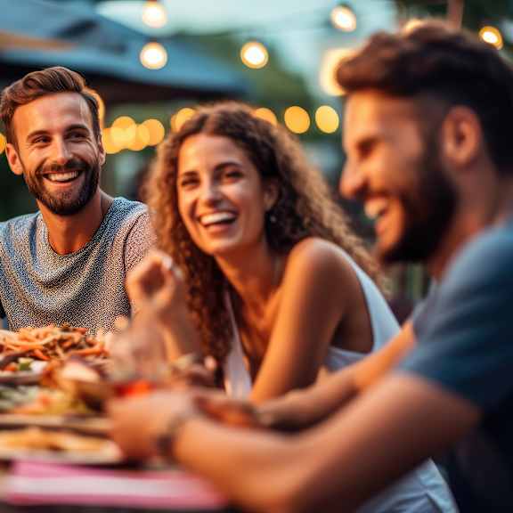 Four people enjoying a meal together at a restaurant.
