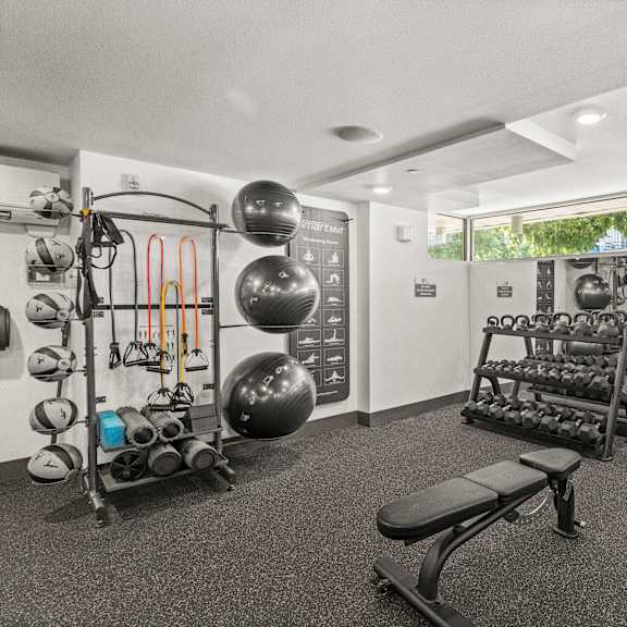 A gym with a variety of equipment including weights and a bench.