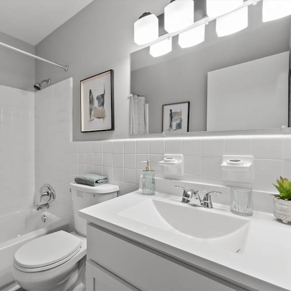 a white bathroom with a toilet, sink, and mirror.