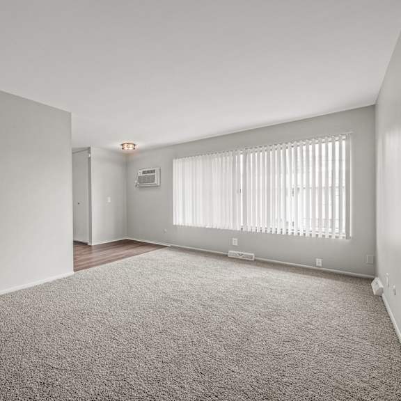 a bedroom with a large window and a carpeted floor