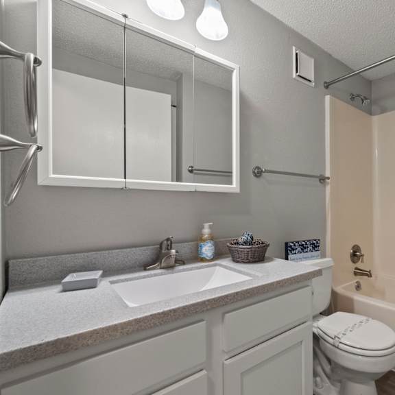 a bathroom with a sink, toilet, and bathtub.