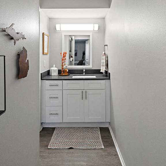 a bathroom with a sink, mirror, and cabinets.
