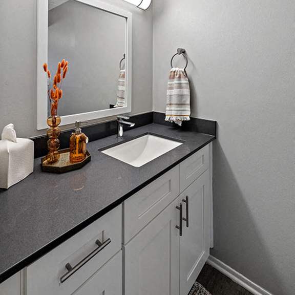 a bathroom with a sink, mirror, and towel rack.