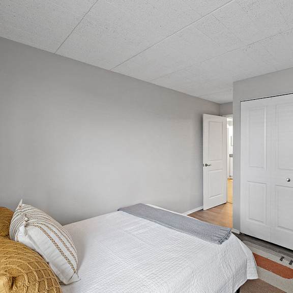 a bedroom with a bed, pillows, and a carpet.