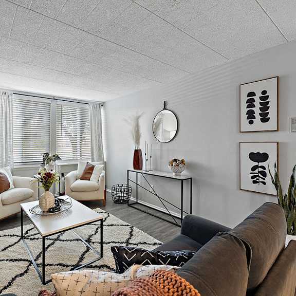 a living room with a brown couch, a white coffee table, and a rug with a geometric pattern.