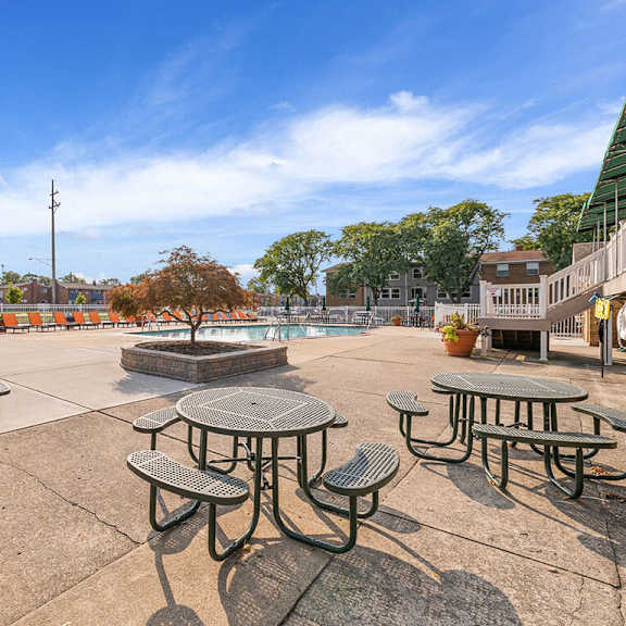 a sunny day at the park with picnic tables and benches.