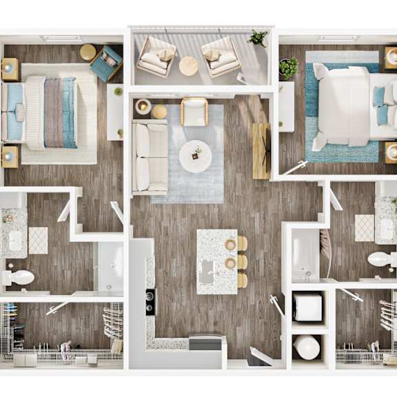Thumbnail 1 of 4 A top-down view of a modern, well-organized apartment with a kitchen, living room, and bathroom. at Allegra at Cocoa in Cocoa, FL, 32926