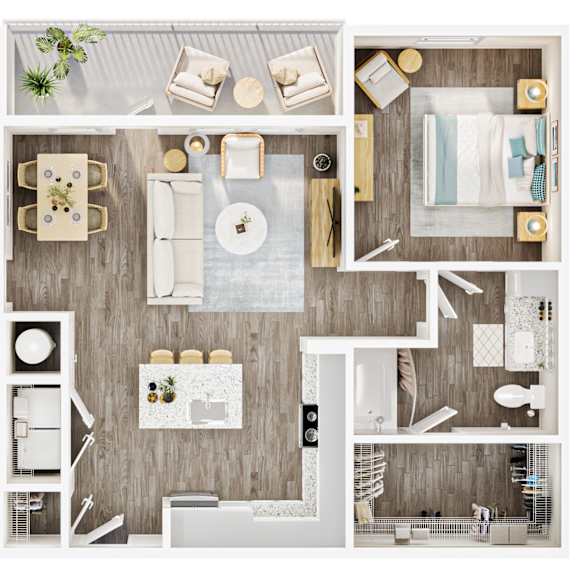 Thumbnail 1 of 4 A top-down view of a modern, well-organized apartment with a kitchen, living room, and bathroom. at Allegra at Cocoa in Cocoa, FL, 32926