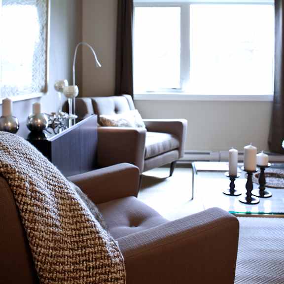 a living room with a couch, a chair, a table with candles, and a window.