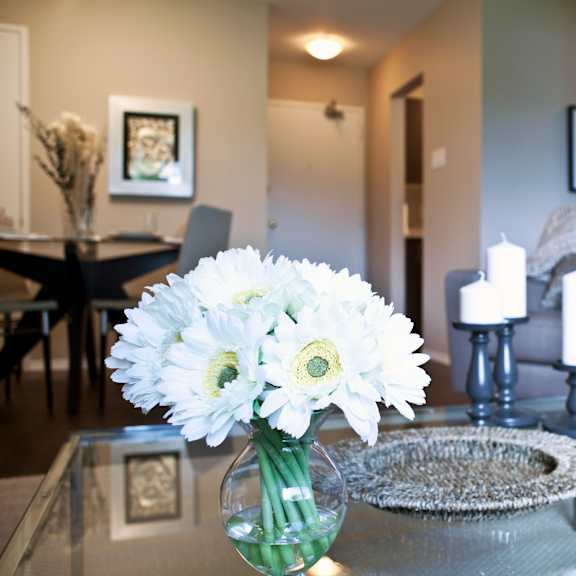 a vase of white flowers sits on a glass table.