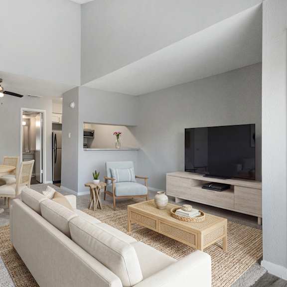 a living room with a couch, a dining table, and a television.
