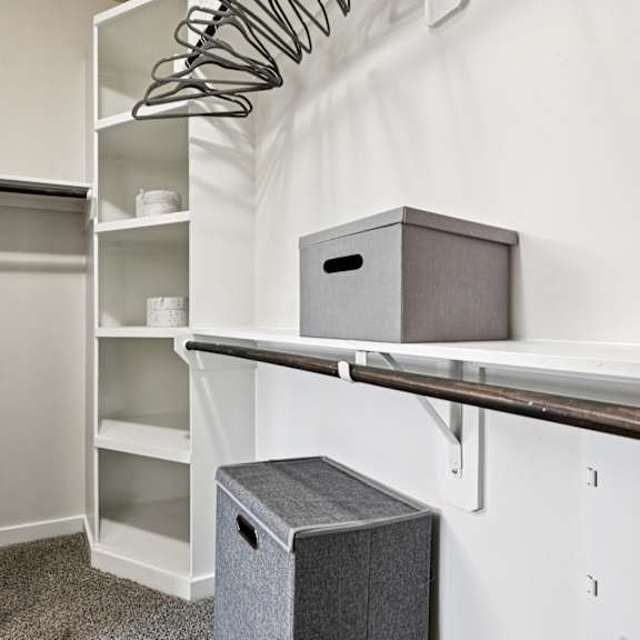 a small closet with a door, shelves, and a trash can.