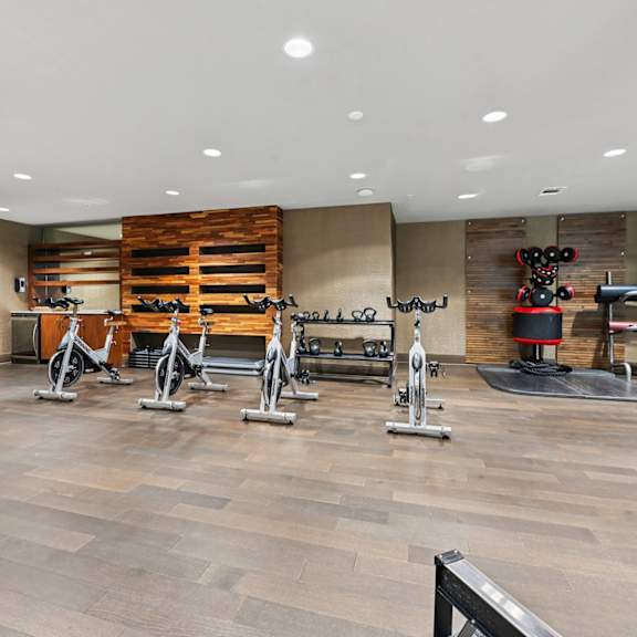 a gym with a variety of exercise equipment including treadmills, stationary bikes, and weight machines.