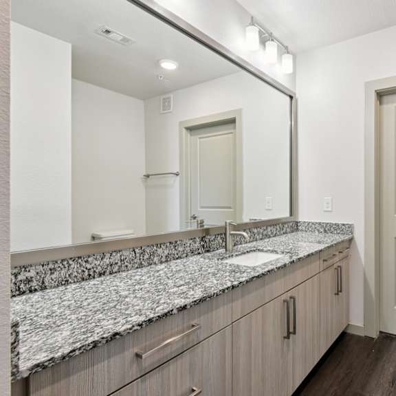 a bathroom with a granite countertop and a large mirror.