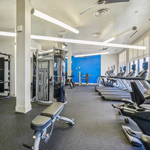 a gym with a variety of equipment including weights and machines.
