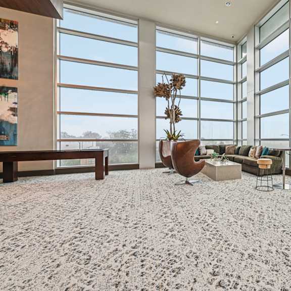 a room with a carpeted floor and a large window.