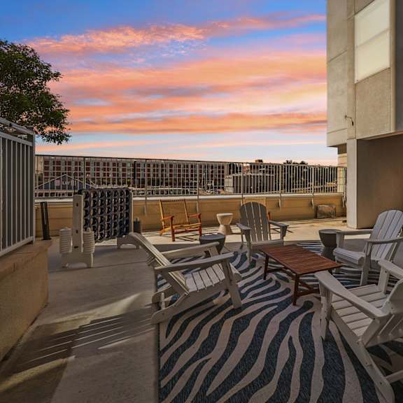 a patio with a zebra rug and chairs is set up on a rooftop.