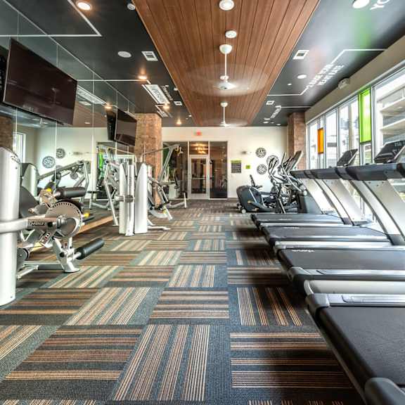 a gym with treadmills, weights, and exercise equipment.
