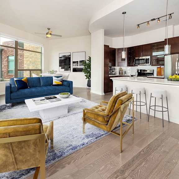 gourmet kitchen with island at revl heights, the barvin group, texas