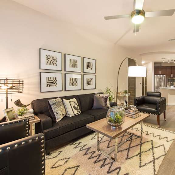 living room interior at revl heights, the barvin group, houston, 77009