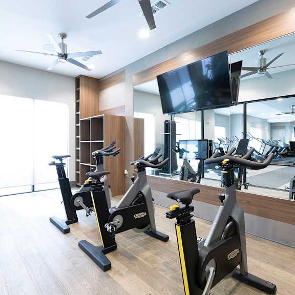 a gym with exercise bikes and a television.