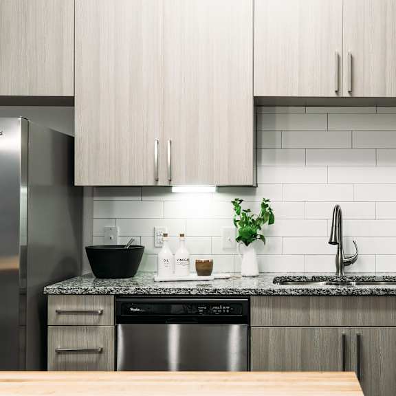 a modern kitchen with a stainless steel refrigerator, a black bowl on the counter, and a plant on the counter.