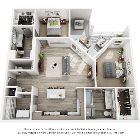 a 3d floor plan of a house with multiple rooms and furniture.