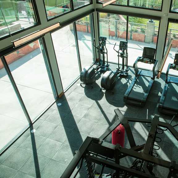 a gym with treadmills and elliptical machines.