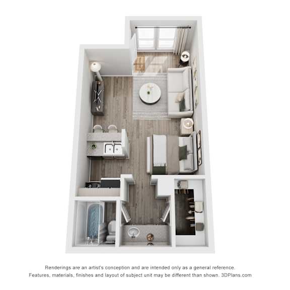 a 3d floor plan of a small apartment with a kitchen, living room, and bathroom.
