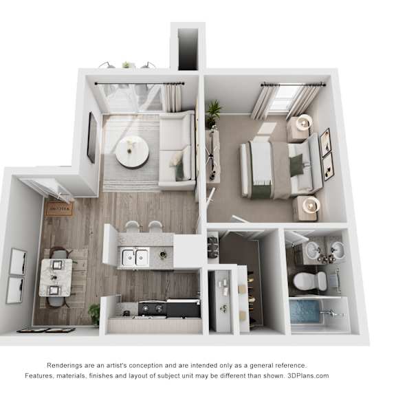 a 3d floor plan of a house with a kitchen, living room, and bathrooms.