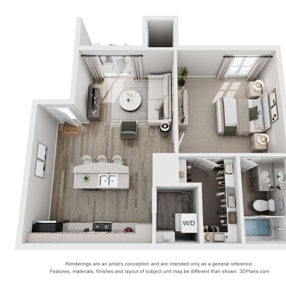 a 3d floor plan of a house with a kitchen, living room, and bathroom.