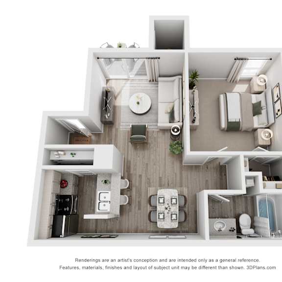 a 3d floor plan of a house with a kitchen, living room, and bathrooms.