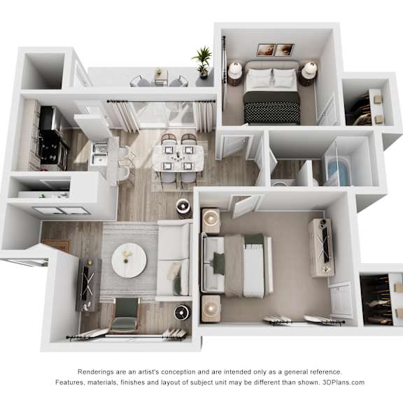 a 3d floor plan of a house with a kitchen, living room, and bedrooms.